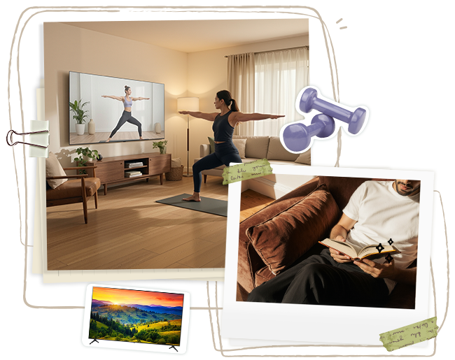 Una imagen estilo collage de una mujer haciendo ejercicio bajo el aire acondicionado mientras ve televisión, y un hombre leyendo en el sofá.	